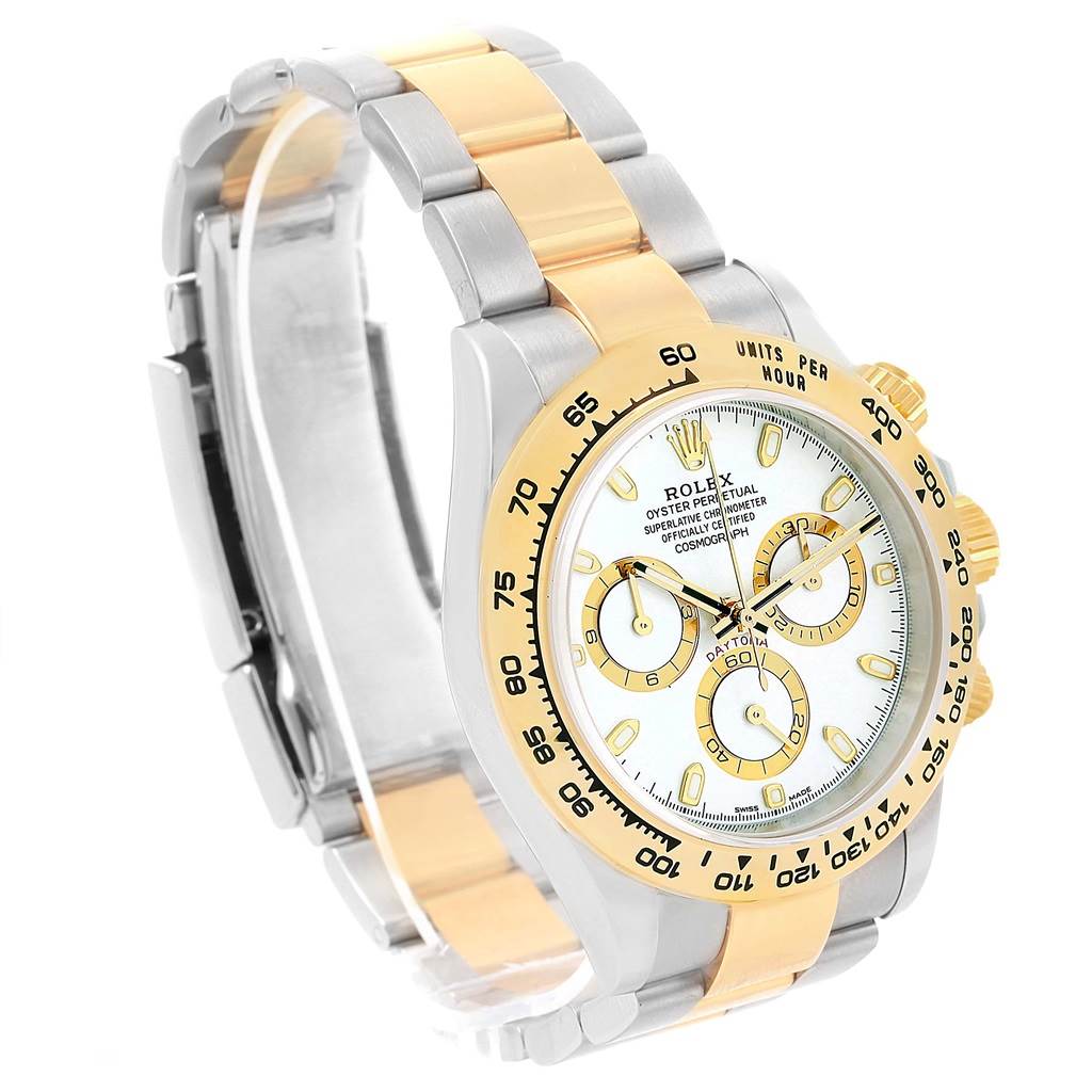 The Rolex Daytona 116503 Men's Steel and Gold (two tone) White Dial 116503 Men's Steel and Gold (two tone) White Dial watch is shown at a three-quarter angle, displaying the face, bezel, and two-tone bracelet.