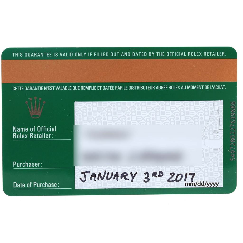 This image shows a Rolex warranty card for a Daytona model watch, including purchase date and retailer details.