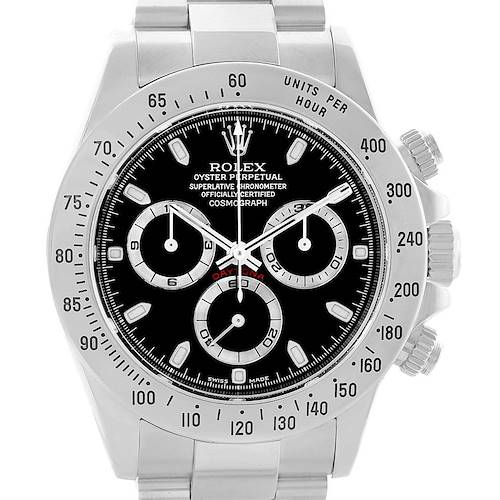 This image shows a frontal view of a Rolex Daytona 116520 Men's Stainless Steel Black Dial 116520 Men's Stainless Steel Black Dial watch, displaying its face, dial, bezel, and chronograph buttons.