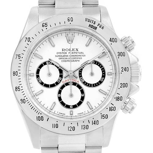 This image shows a front view of the Rolex Daytona 16520 Men's Stainless Steel White Dial 16520 Men's Stainless Steel White Dial watch, highlighting its dial, bezel, and chronograph.