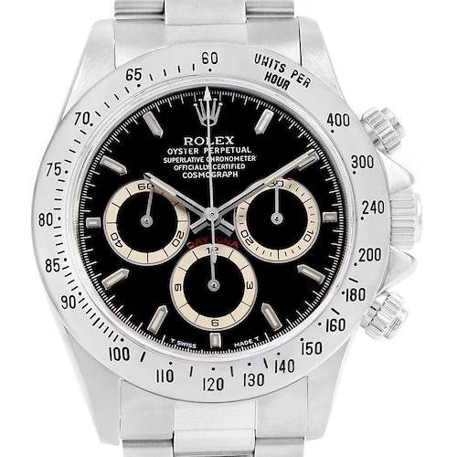 This Rolex Daytona 16520 Men's Stainless Steel Black Dial 16520 Men's Stainless Steel Black Dial model watch is shown from a front angle, highlighting its dial, bezel, and three sub-dials.