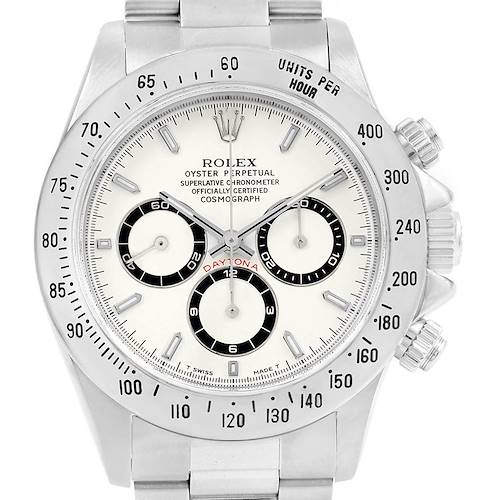 The image shows a front view of a Rolex Daytona 16520 Men's Stainless Steel White Dial 16520 Men's Stainless Steel White Dial watch, displaying its dial, bezel, and bracelet.