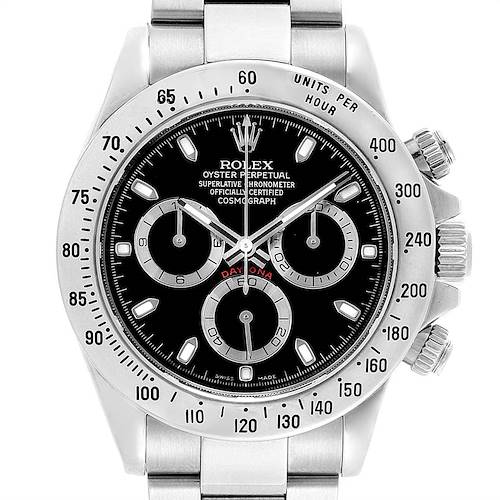 This image shows a Rolex Daytona 116520 Men's Stainless Steel Black Dial 116520 Men's Stainless Steel Black Dial watch, front view, displaying the dial, chronograph subdials, bezel, and crown.