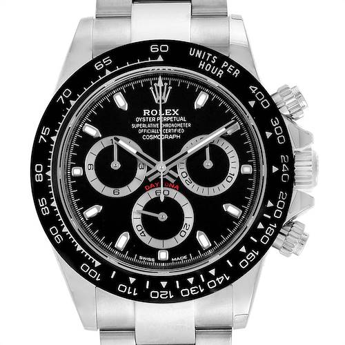 The image shows a front view of a Rolex Daytona 116500 Men's Stainless Steel Black Dial 116500 Men's Stainless Steel Black Dial watch, highlighting its black dial, chronograph subdials, and bezel with tachymeter scale.