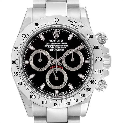 The image shows a front view of the Rolex Daytona 116520 Men's Stainless Steel Black Dial 116520 Men's Stainless Steel Black Dial watch, highlighting its black dial and chronograph subdials.