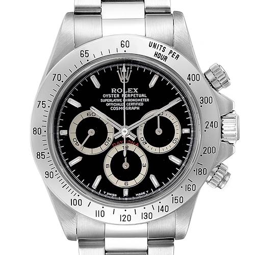 This image shows a frontal view of the Rolex Daytona 16520 Men's Stainless Steel Black Dial 16520 Men's Stainless Steel Black Dial with a black dial, chronograph subdials, and a stainless steel bracelet.