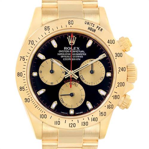 The Rolex Daytona 116528 Men's Yellow Gold Black Dial 116528 Men's Yellow Gold Black Dial watch is shown from the front, highlighting the face, bezel, and pushers.