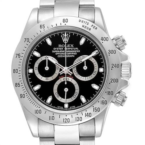 The image shows a frontal view of a Rolex Daytona 116520 Men's Stainless Steel Black Dial 116520 Men's Stainless Steel Black Dial watch featuring its dial, bezel, crown, and chronograph sub-dials.