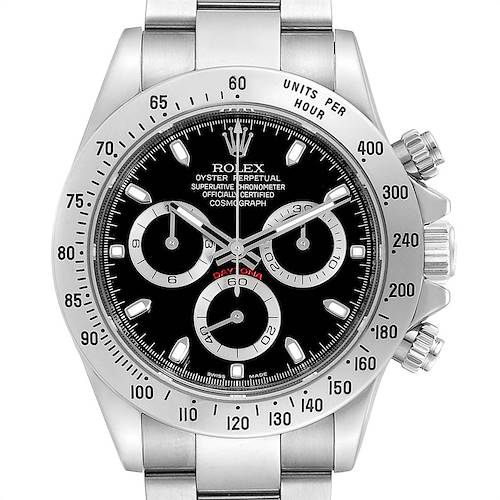 The image shows a front view of the Rolex Daytona 116520 Men's Stainless Steel Black Dial 116520 Men's Stainless Steel Black Dial watch, highlighting its black dial, subdials, and stainless steel bracelet.