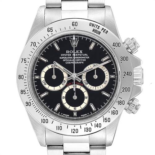 The image shows a front view of the Rolex Daytona 16520 Men's Stainless Steel Black Dial 16520 Men's Stainless Steel Black Dial watch, detailing its dial, subdials, and outer bezel with engravings.