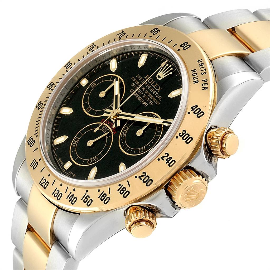 The image shows a partial side view of the Rolex Daytona 116523 Men's Steel and Gold (two tone) Black Dial 116523 Men's Steel and Gold (two tone) Black Dial watch, highlighting the gold bezel, black dial, and chronograph pushers.