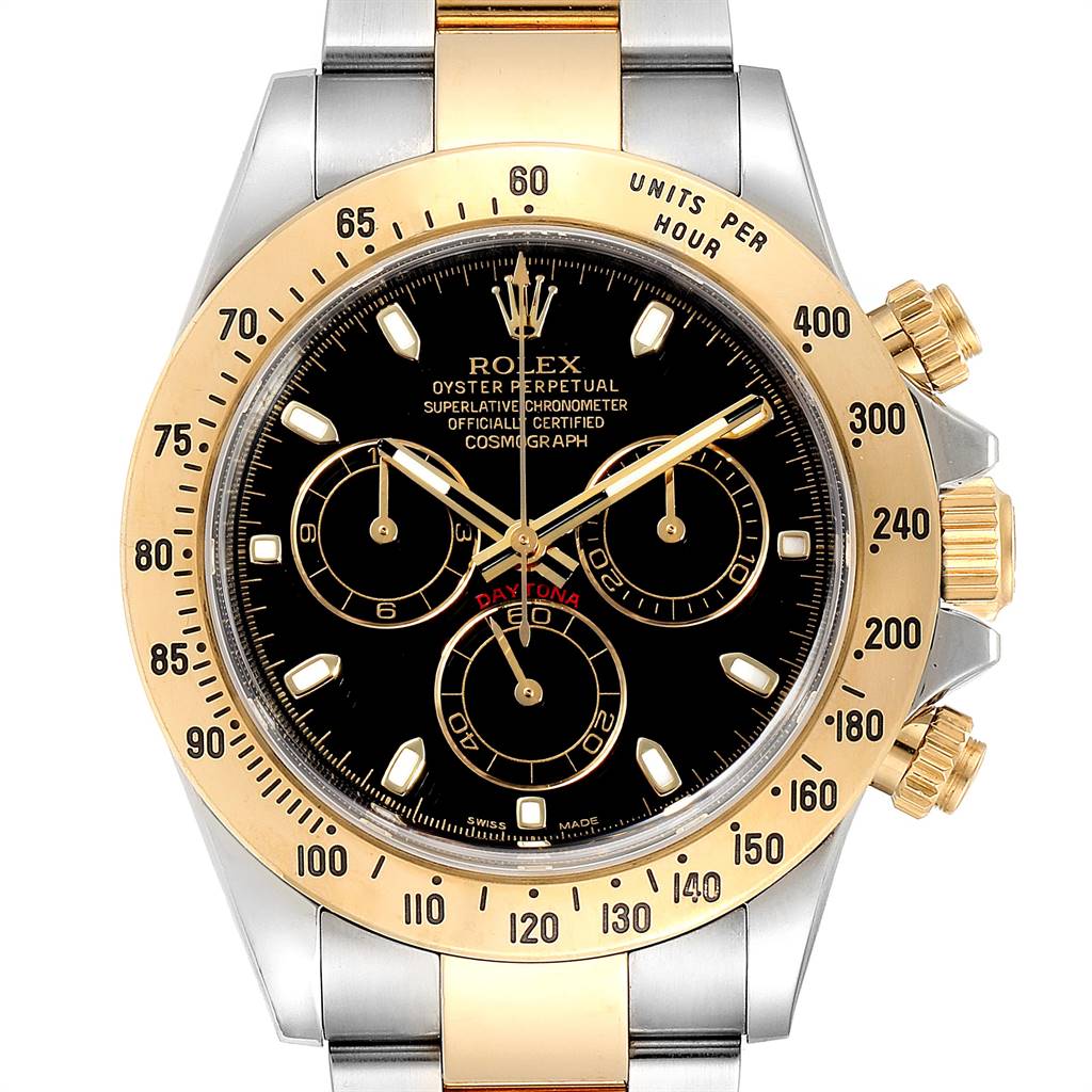 The image shows a front view of a Rolex Daytona 116523 Men's Steel and Gold (two tone) Black Dial 116523 Men's Steel and Gold (two tone) Black Dial watch, highlighting its black dial, gold bezel, and chronograph subdials.