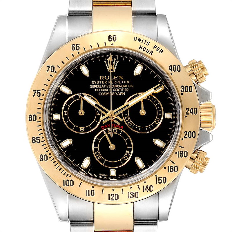 The image shows a front view of a Rolex Daytona 116523 Men's Steel and Gold (two tone) Black Dial 116523 Men's Steel and Gold (two tone) Black Dial watch, highlighting its black dial, gold bezel, and chronograph subdials.