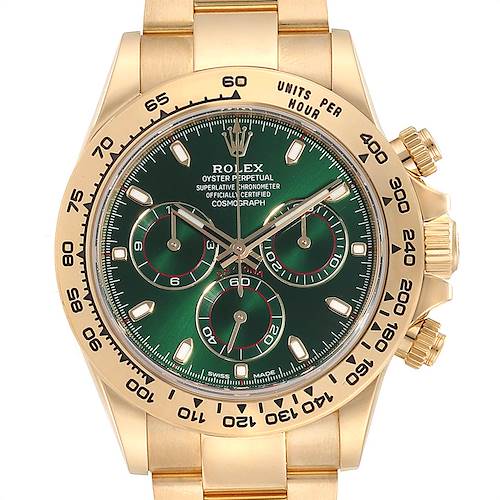 The image shows a front view of a Rolex Daytona 116508 Men's Yellow Gold Green Dial 116508 Men's Yellow Gold Green Dial watch, featuring a gold case and bracelet with a green dial and three sub-dials.