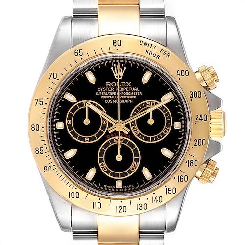 This image shows a front view of the Rolex Daytona 116523 Men's Steel and Gold (two tone) Black Dial 116523 Men's Steel and Gold (two tone) Black Dial watch, highlighting its black dial, gold bezel, and chronograph subdials.