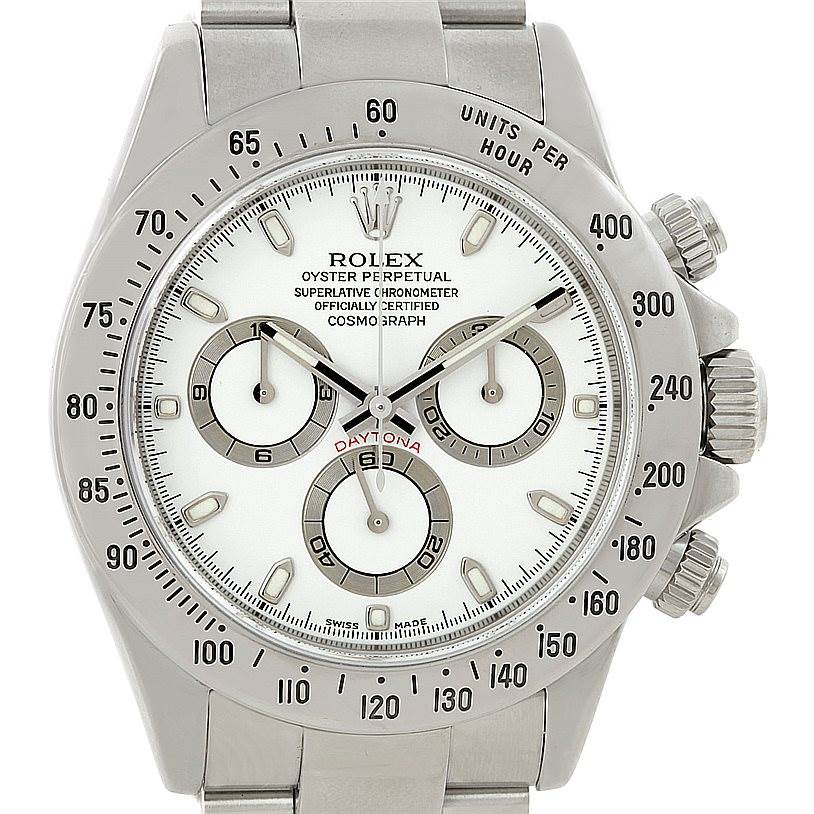 The image shows the front view of a Rolex Daytona 116520 Men's Stainless Steel White Dial 116520 Men's Stainless Steel White Dial watch, highlighting the dial, bezel, and pushers on the side.