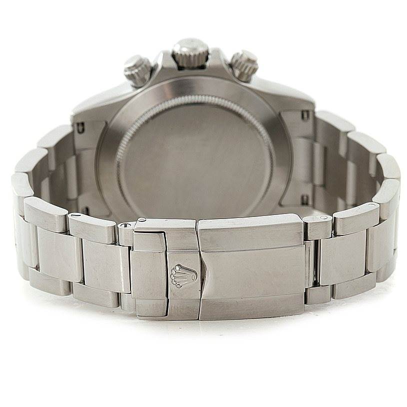 The image shows the back view of a Rolex Daytona 116520 Men's Stainless Steel White Dial 116520 Men's Stainless Steel White Dial watch, highlighting the case and metal bracelet clasp.