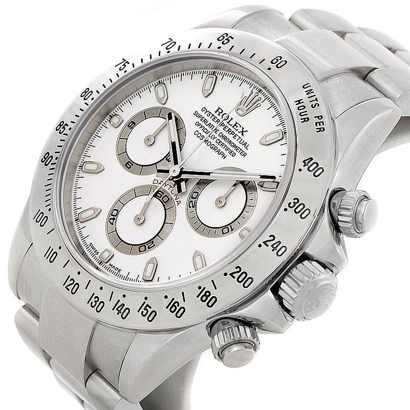 This image shows the front angle of a Rolex Daytona 116520 Men's Stainless Steel White Dial 116520 Men's Stainless Steel White Dial watch, highlighting its bezel, crown, sub-dials, and bracelet.