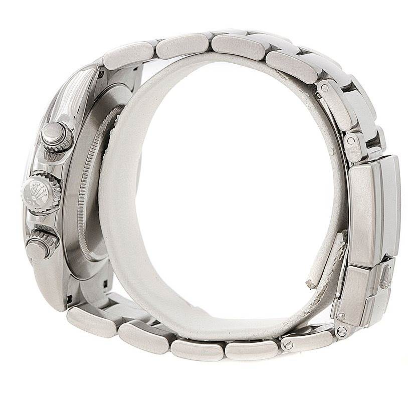 The image shows a side view of the Rolex Daytona 116520 Men's Stainless Steel White Dial 116520 Men's Stainless Steel White Dial watch, highlighting its bracelet, case, and crown.