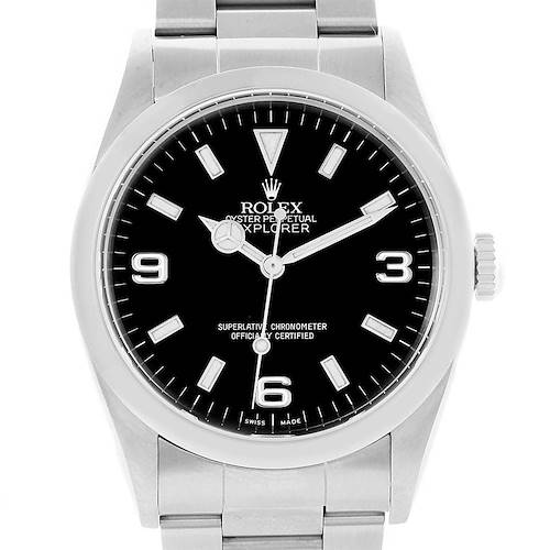 This image shows the front view of a Rolex Explorer 114270 Men's Stainless Steel Black Dial 114270 Men's Stainless Steel Black Dial watch, depicting its dial, bezel, crown, and part of the bracelet.