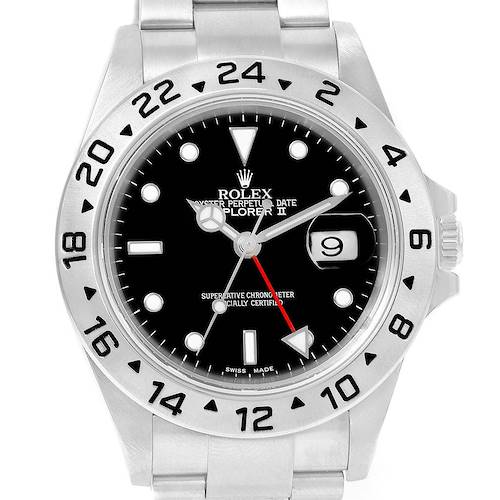 The image shows a front view of a Rolex Explorer 16570 Men's Stainless Steel Black Dial 16570 Men's Stainless Steel Black Dial watch, featuring its bezel, dial, and bracelet.