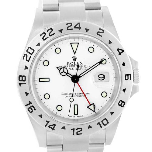 The image shows a front view of a Rolex Explorer 16570 Men's Stainless Steel White Dial 16570 Men's Stainless Steel White Dial watch, displaying the dial, bezel, and part of the bracelet.