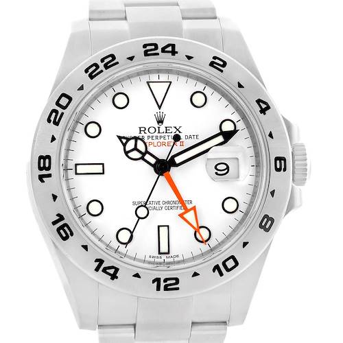 The image displays a front view of a Rolex Explorer 216570 Men's Stainless Steel White Dial 216570 Men's Stainless Steel White Dial watch, highlighting its dial, hands, and bracelet.