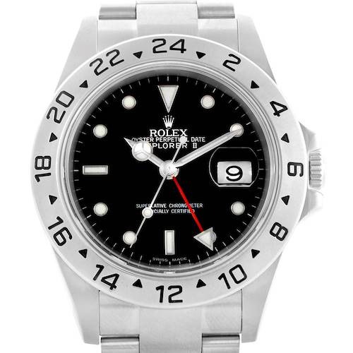 The image shows the front view of a Rolex Explorer 16570 Men's Stainless Steel Black Dial 16570 Men's Stainless Steel Black Dial watch, highlighting the dial, bezel, and part of the bracelet.