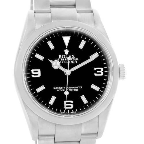 This is a front-facing image of a Rolex Explorer 114270 Men's Stainless Steel Black Dial 114270 Men's Stainless Steel Black Dial watch, showing its black dial, stainless steel case, and bracelet.