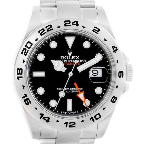 This image shows a front view of the Rolex Explorer 216570 Men's Stainless Steel White Dial 216570 Men's Stainless Steel White Dial watch, highlighting its dial, bezel, and bracelet.