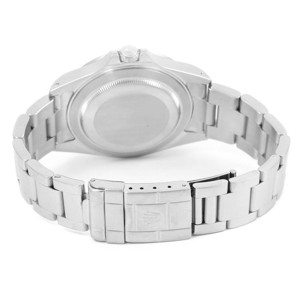 This image shows the back of the Rolex Explorer 16570 Men's Stainless Steel White Dial 16570 Men's Stainless Steel White Dial watch including its clasp, bracelet, and caseback.