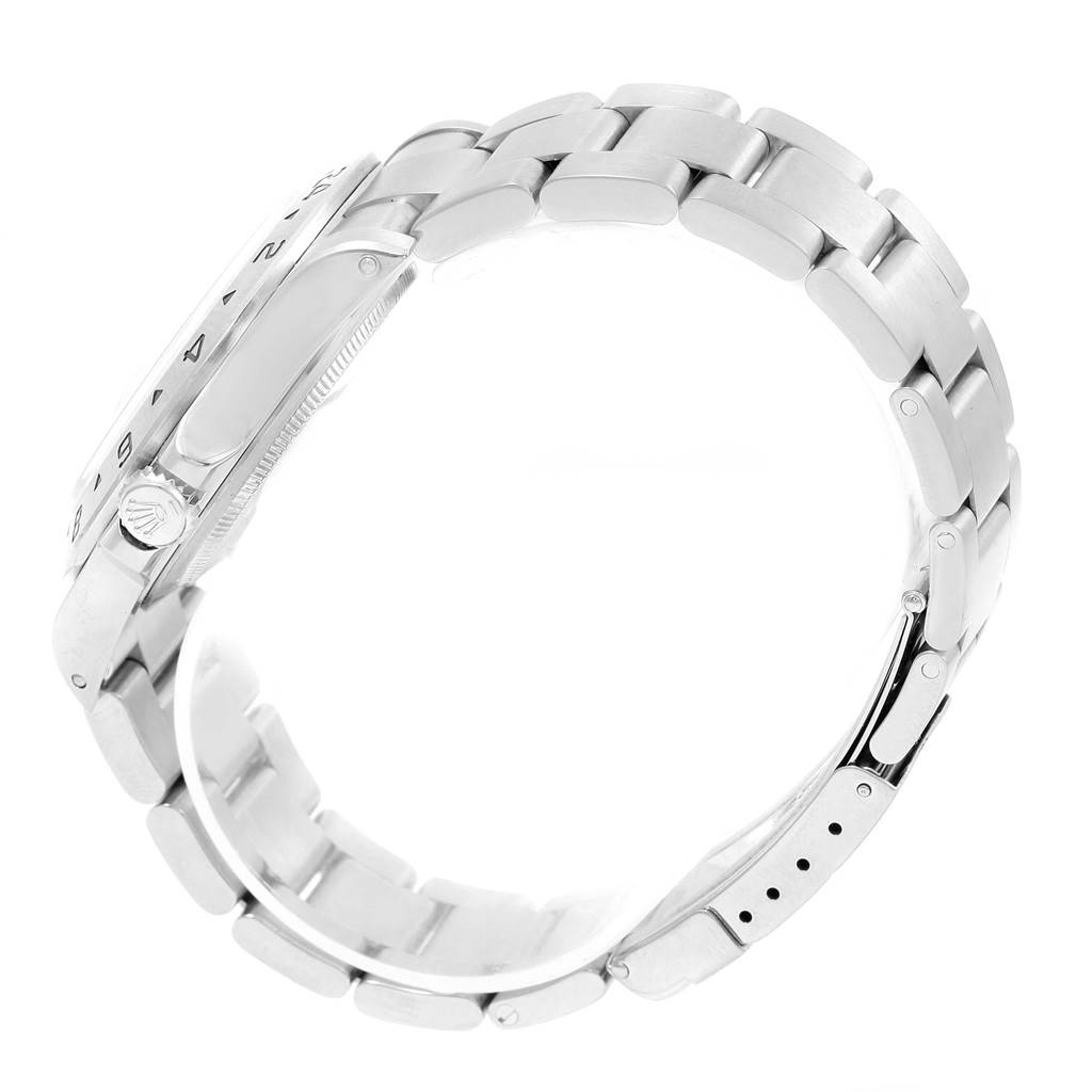 The image shows a side view of the Rolex Explorer 16570 Men's Stainless Steel White Dial 16570 Men's Stainless Steel White Dial watch, highlighting its bracelet and crown.