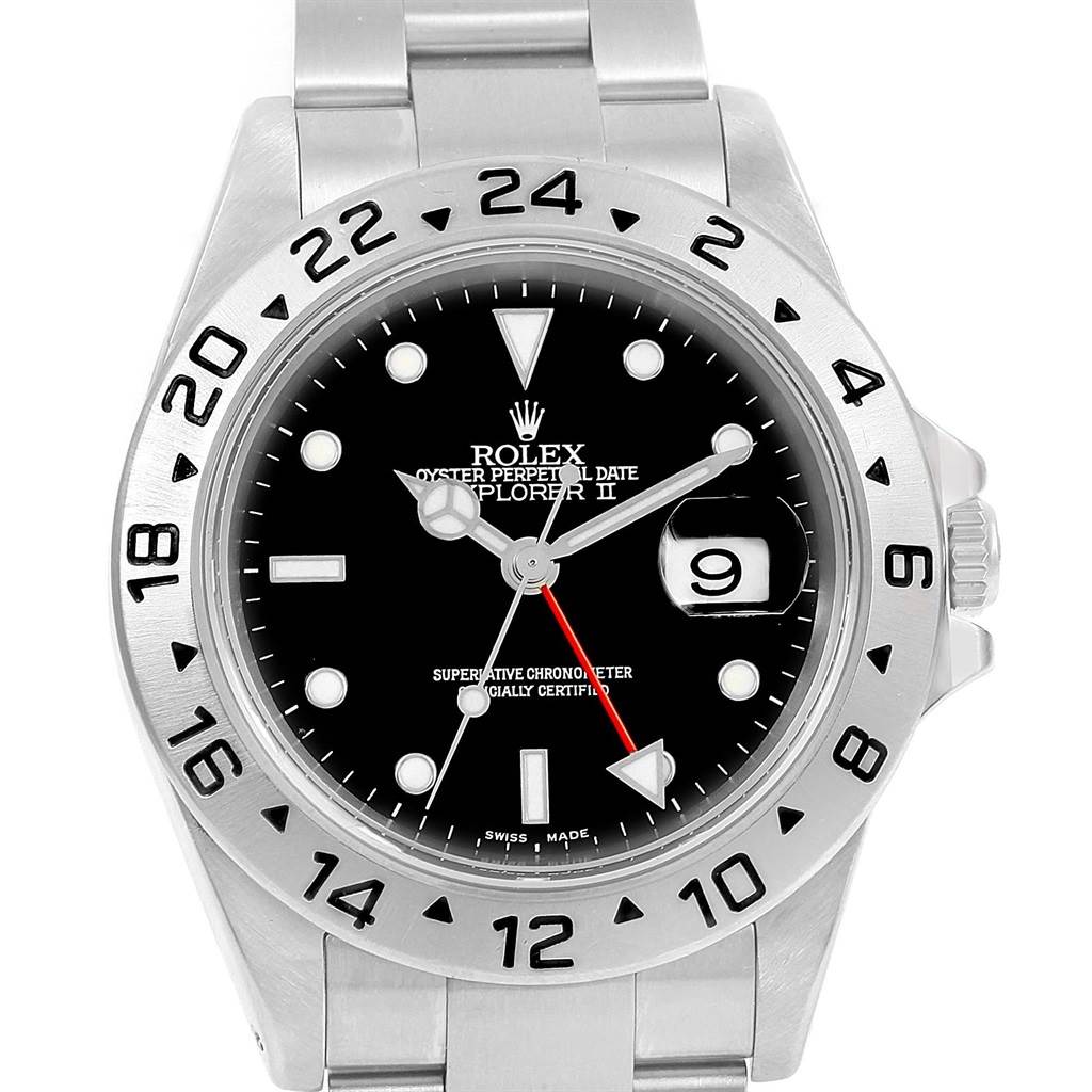 This image shows a front view of a Rolex Explorer 16570 Men's Stainless Steel Black Dial 16570 Men's Stainless Steel Black Dial watch, displaying the face, bezel, and part of the bracelet.