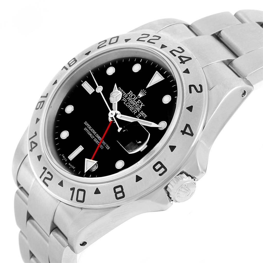 This image shows a side angle of a Rolex Explorer 16570 Men's Stainless Steel Black Dial 16570 Men's Stainless Steel Black Dial watch, featuring the dial, bezel, crown, and part of the bracelet.