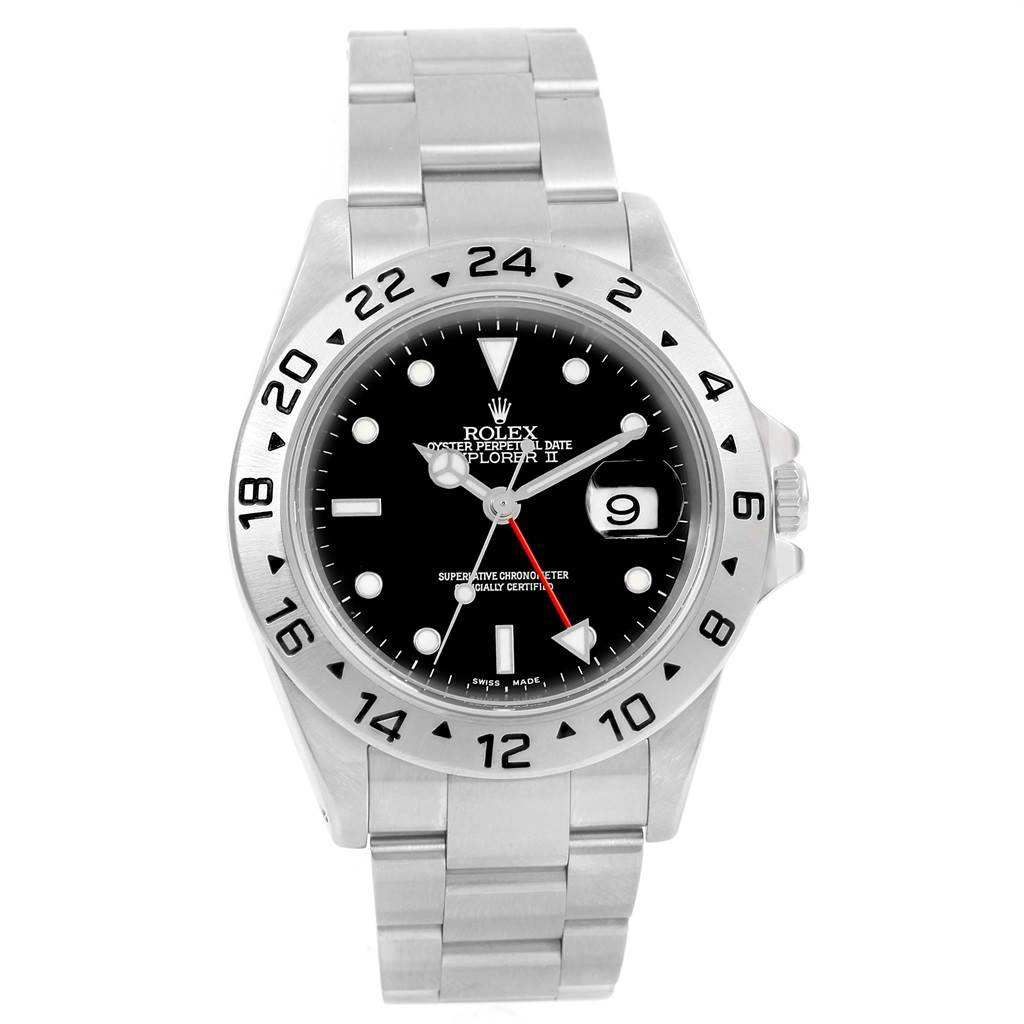 The Rolex Explorer 16570 Men's Stainless Steel Black Dial 16570 Men's Stainless Steel Black Dial model watch is shown from a front angle, featuring the bezel, dial, hands, bracelet, and crown.