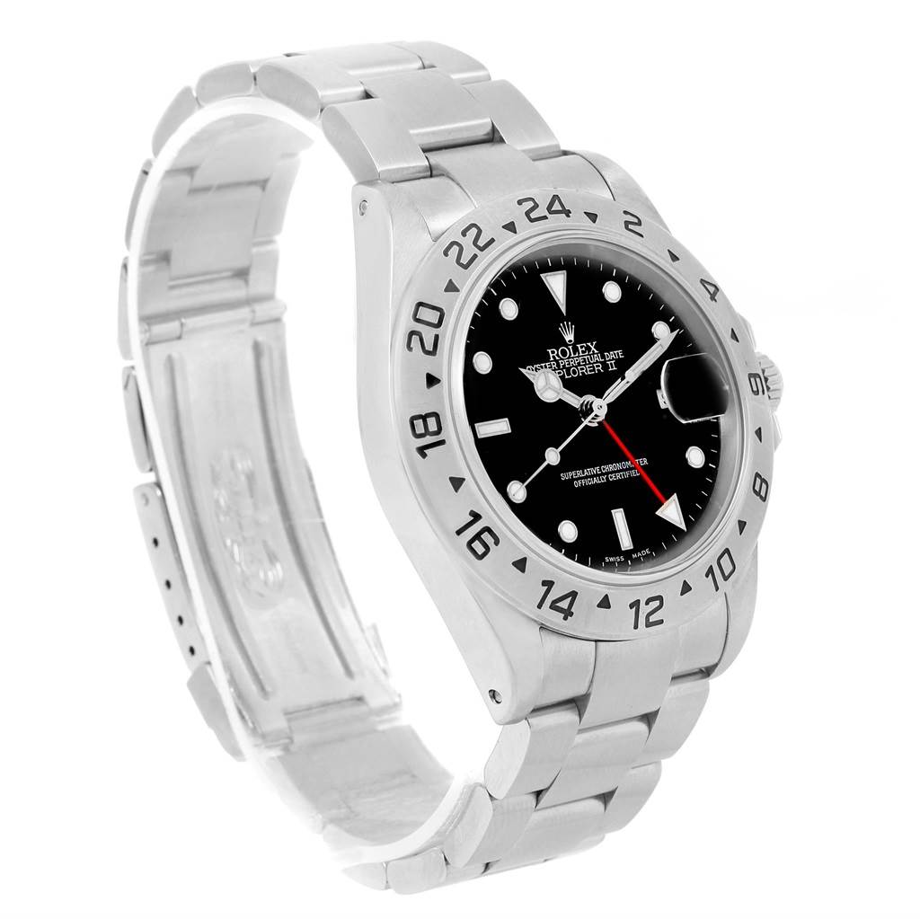 The Rolex Explorer 16570 Men's Stainless Steel Black Dial 16570 Men's Stainless Steel Black Dial watch is shown at a tilted angle, displaying the dial, bezel, and part of the bracelet.