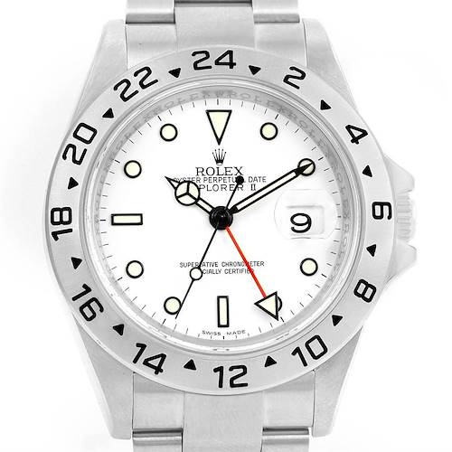 The image shows a front view of a Rolex Explorer 16570 Men's Stainless Steel White Dial 16570 Men's Stainless Steel White Dial watch, displaying the dial, hands, bezel, and part of the bracelet.