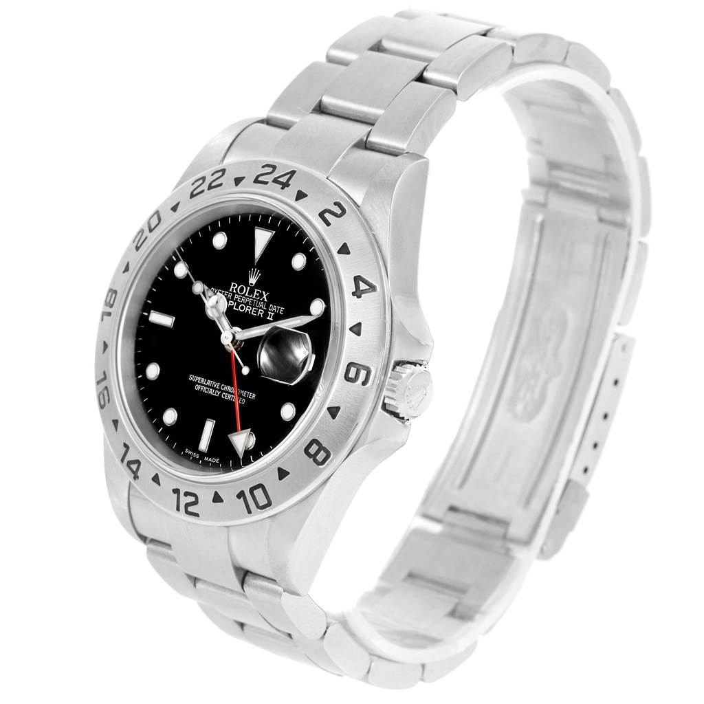 The Rolex Explorer 16570 Men's Stainless Steel Black Dial 16570 Men's Stainless Steel Black Dial watch is shown at a slight right angle, highlighting the bezel, crown, and part of the bracelet.