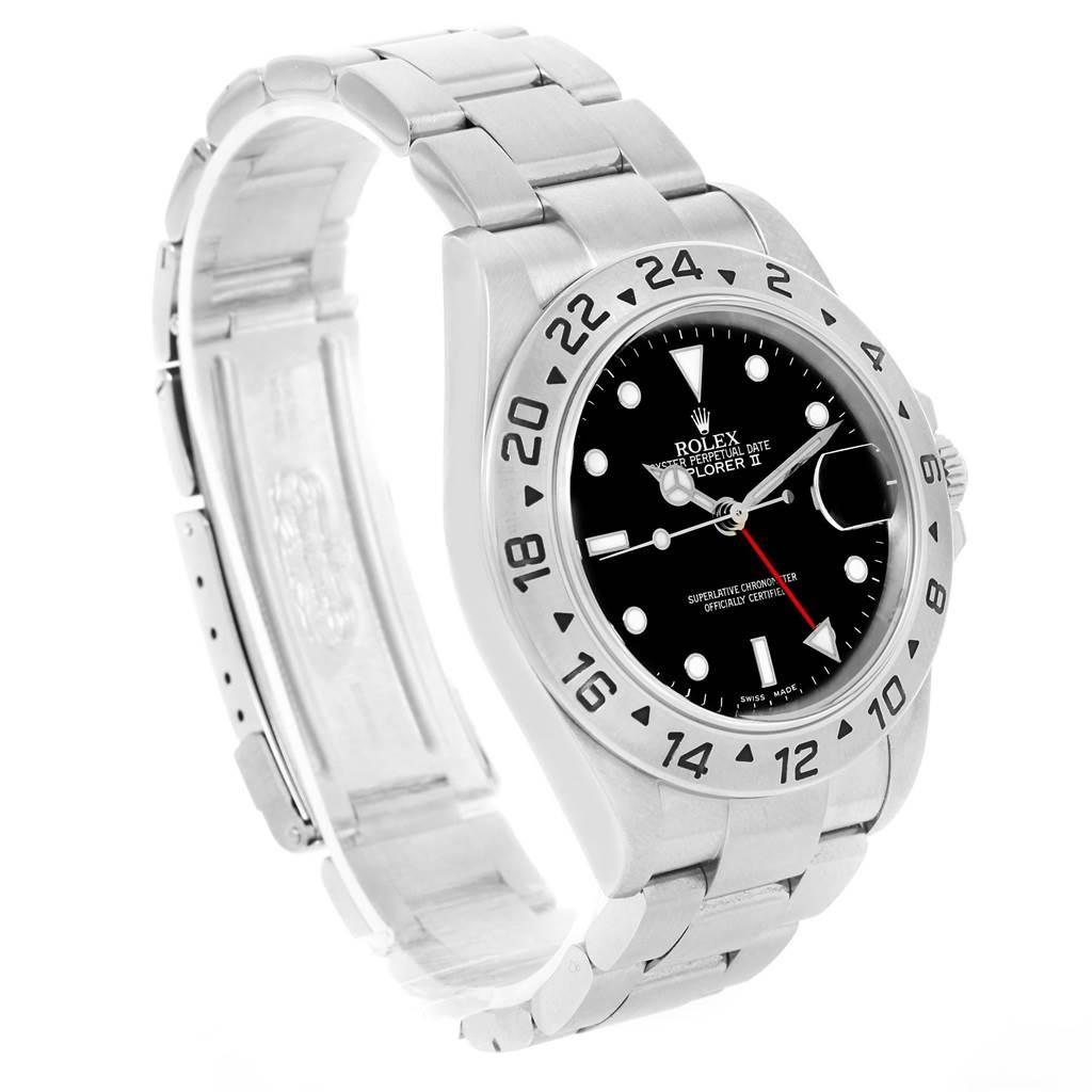 The Rolex Explorer 16570 Men's Stainless Steel Black Dial 16570 Men's Stainless Steel Black Dial watch is shown at a slight angle, highlighting the dial, bezel, and metal bracelet.