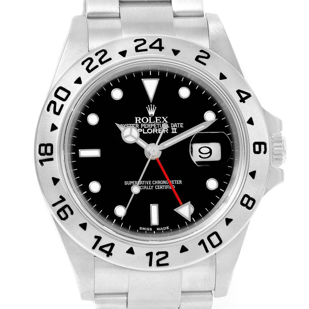 The image shows a frontal view of a Rolex Explorer 16570 Men's Stainless Steel Black Dial 16570 Men's Stainless Steel Black Dial II, displaying the face, bezel, and part of the bracelet.