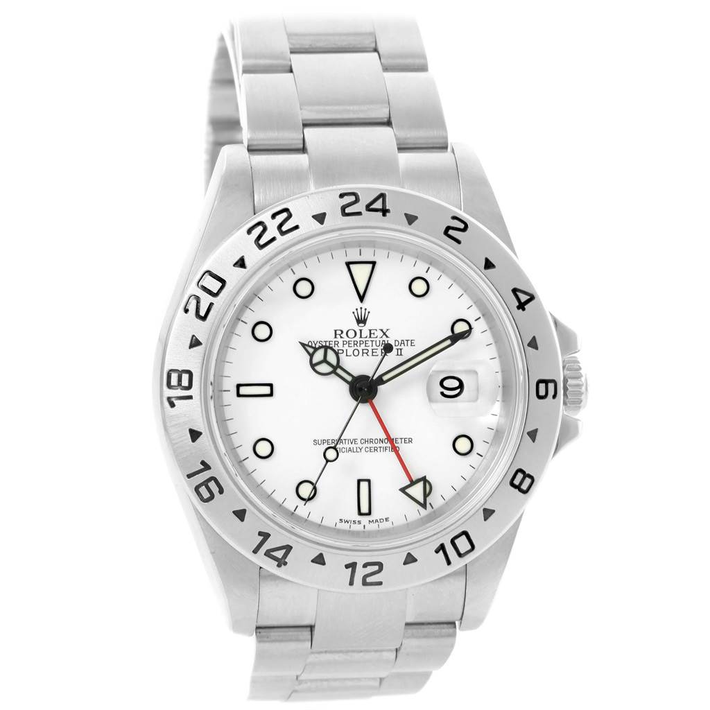 The image shows the face and bracelet of a Rolex Explorer 16570 Men's Stainless Steel White Dial 16570 Men's Stainless Steel White Dial watch, viewed directly from the front.