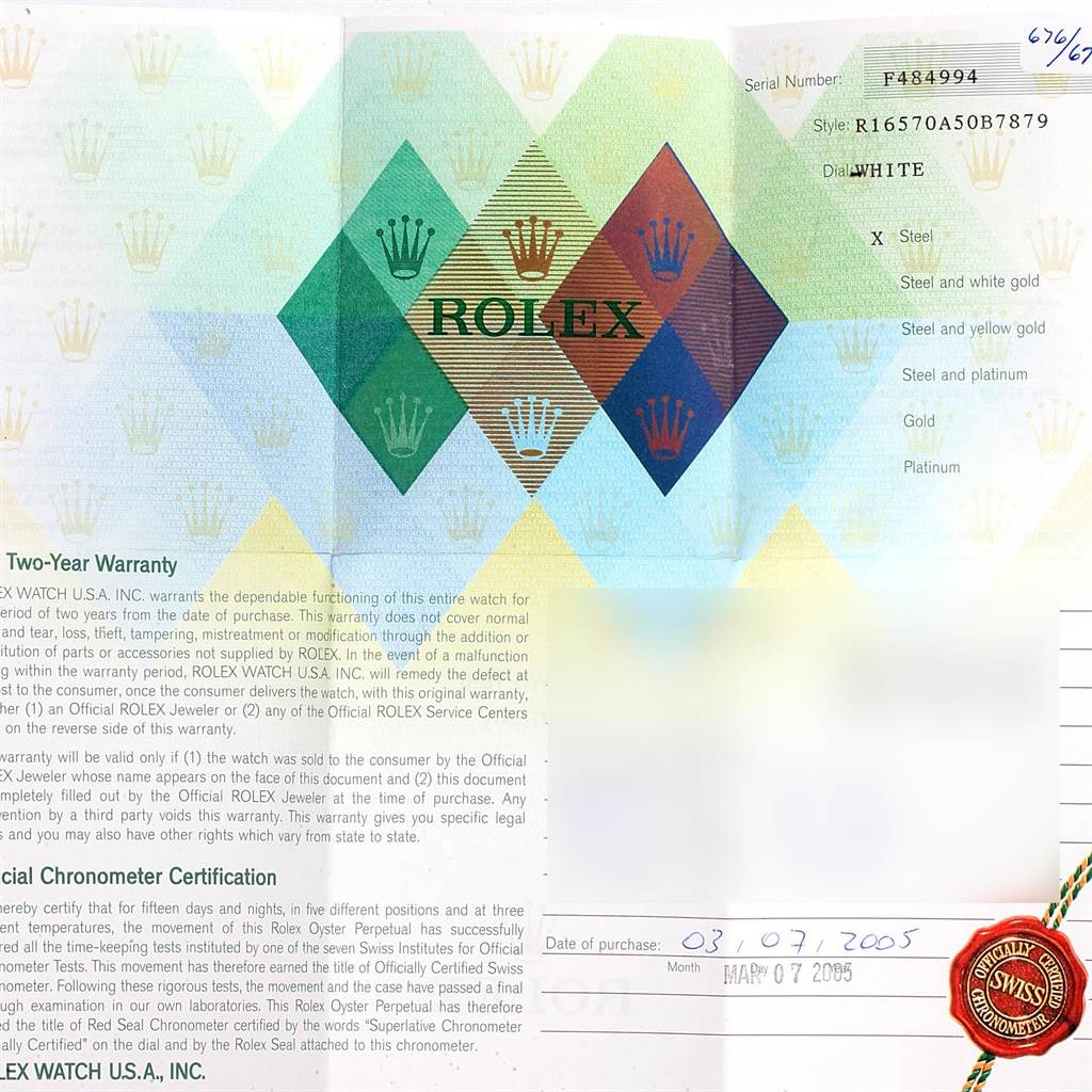 This image shows the warranty card for a Rolex Explorer 16570 Men's Stainless Steel White Dial 16570 Men's Stainless Steel White Dial model.