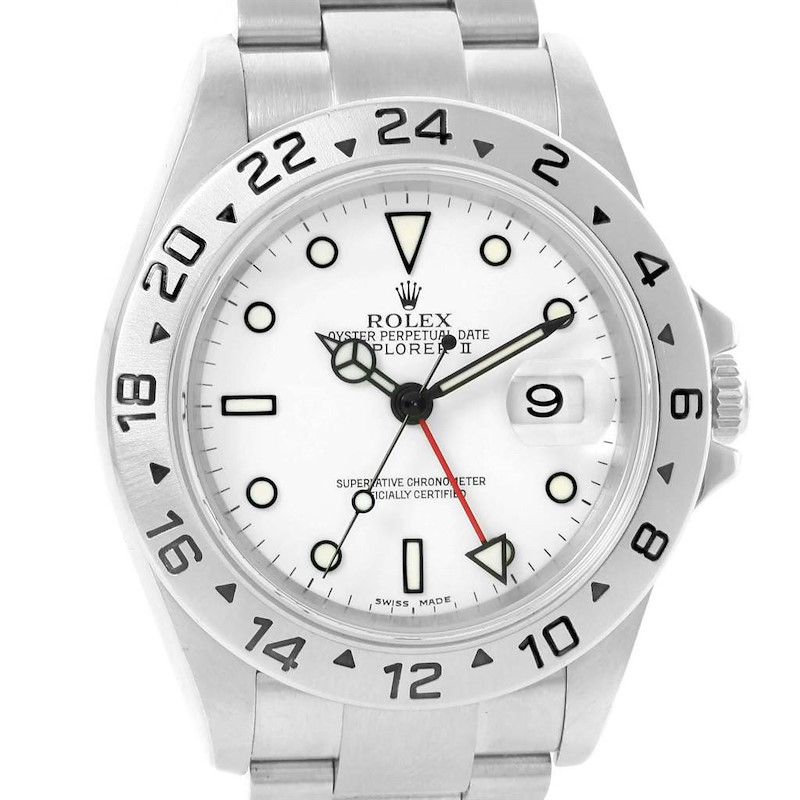 The Rolex Explorer 16570 Men's Stainless Steel White Dial 16570 Men's Stainless Steel White Dial watch is shown from the front, displaying the bezel, dial, hands, crown, and part of the bracelet.