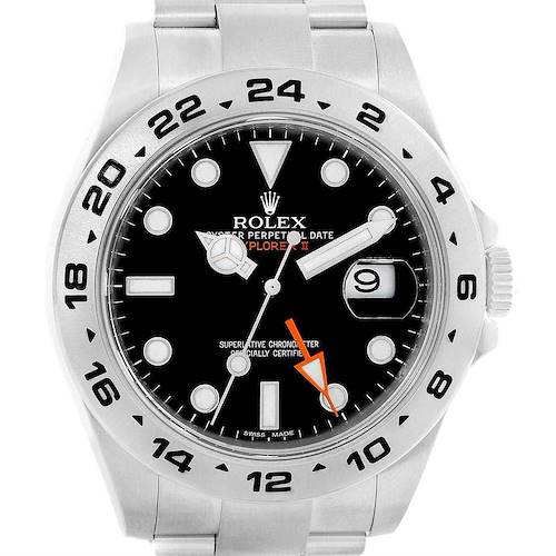 The Rolex Explorer 216570 Men's Stainless Steel Black Dial 216570 Men's Stainless Steel Black Dial watch is shown from the front, featuring a black dial, date window, and stainless steel bracelet.