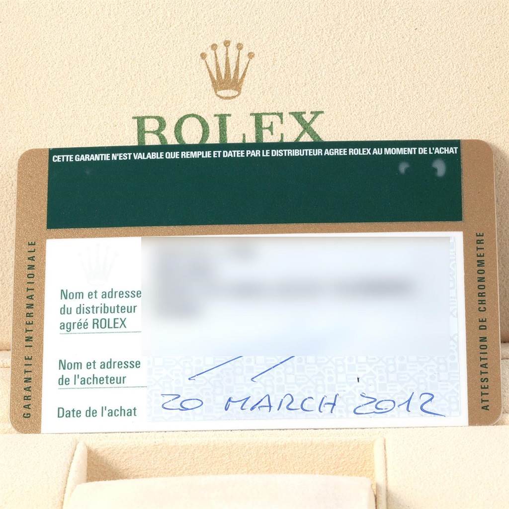 The image shows a warranty certificate for a Rolex Explorer 216570 Men's Stainless Steel White Dial 216570 Men's Stainless Steel White Dial, featuring the Rolex logo and purchase details.