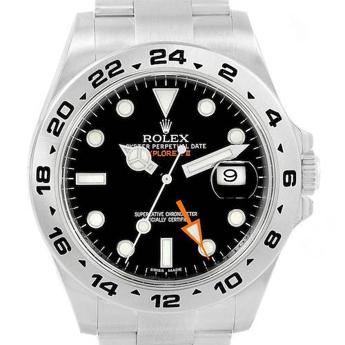 The image shows a front view of a Rolex Explorer 216570 Men's Stainless Steel Black Dial 216570 Men's Stainless Steel Black Dial watch, showcasing its face, hands, and bezel.