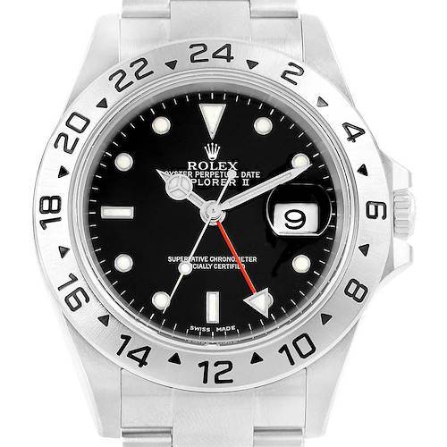 The image shows the front view of a Rolex Explorer 16570 Men's Stainless Steel Black Dial 16570 Men's Stainless Steel Black Dial watch, highlighting the dial, bezel, and part of the bracelet.