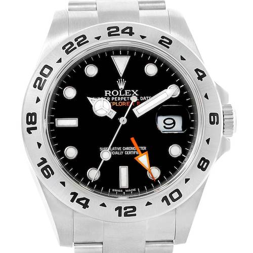 This Rolex Explorer 216570 Men's Stainless Steel Black Dial 216570 Men's Stainless Steel Black Dial watch is shown from a straight-on angle, displaying its dial, bezel, hands, and part of the bracelet.