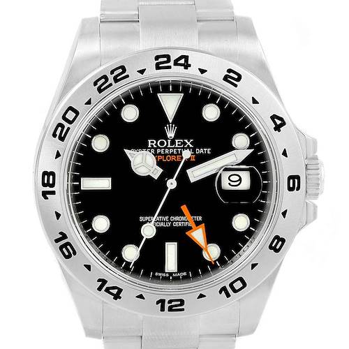 The image shows a front view of a Rolex Explorer 216570 Men's Stainless Steel Black Dial 216570 Men's Stainless Steel Black Dial watch, displaying the dial, date window, hands, and part of the bracelet.