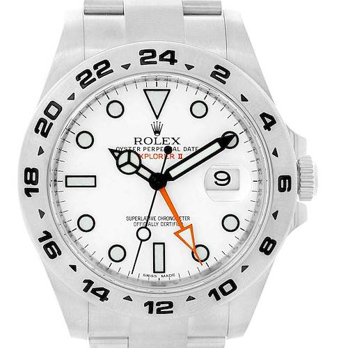 The image shows a front view of the Rolex Explorer 216570 Men's Stainless Steel White Dial 216570 Men's Stainless Steel White Dial watch, featuring its white dial, date window, and stainless steel bezel with 24-hour markings.